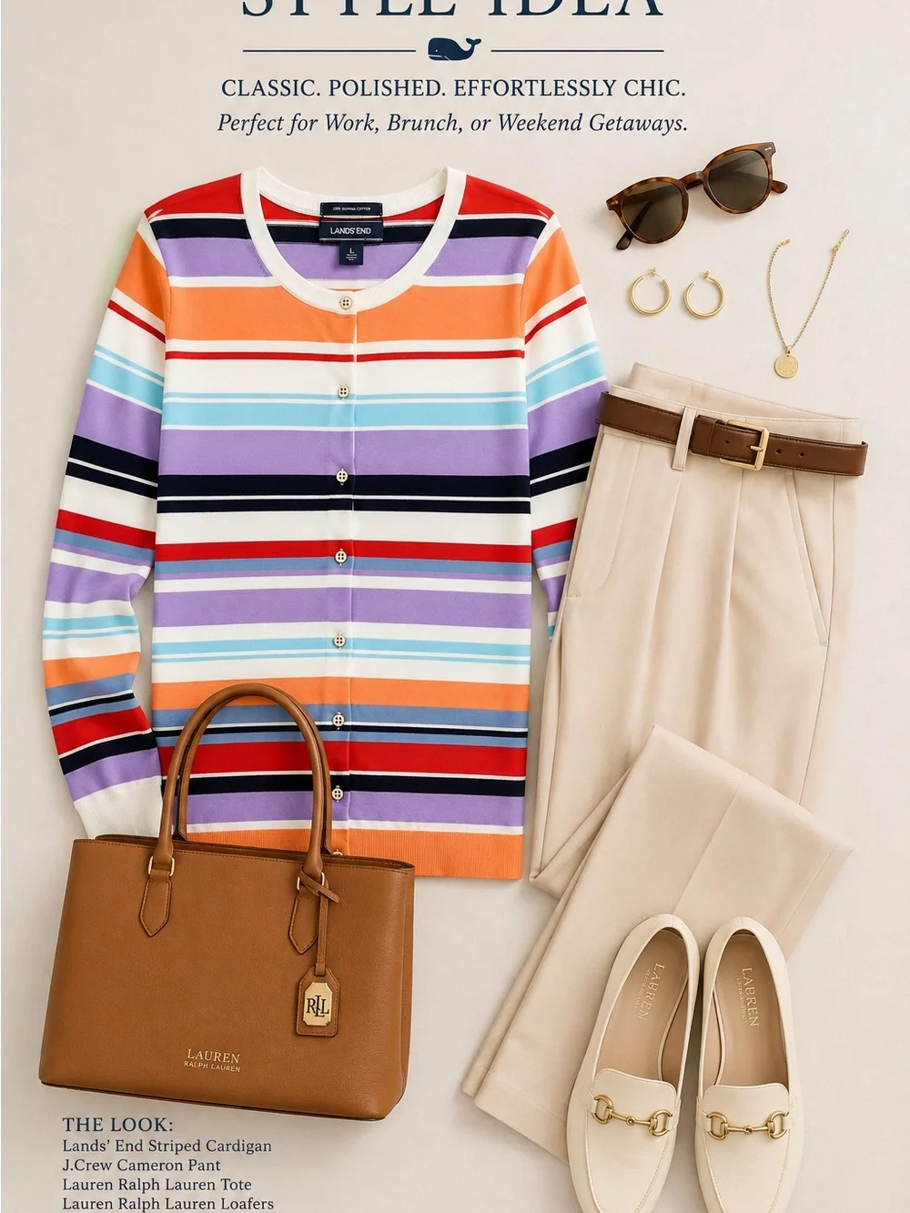Lands’ End Women’s Large Multicolor Striped Cardigan Sweater Preppy Coastal